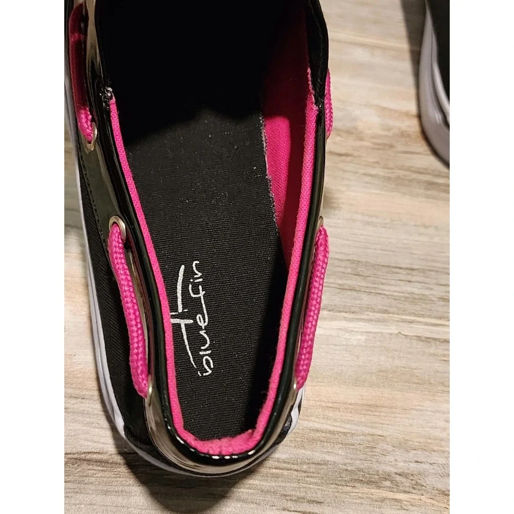 Bluefin Scuttle Mens 7.5 Boat Shoes Black Pink Canvas Patent Trim Deck Shoes